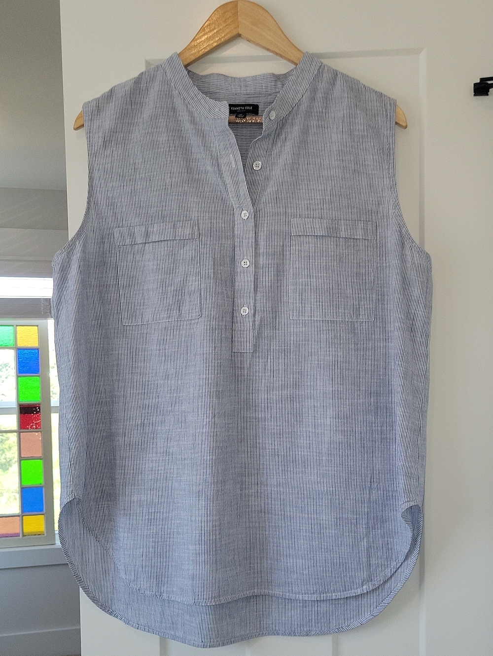 Kenneth Cole Light Blue Pinstripe Mandarin Collar Tunic Tank